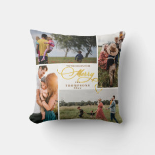 Elegant Merry Gold Christmas Four Photo Collage Cushion