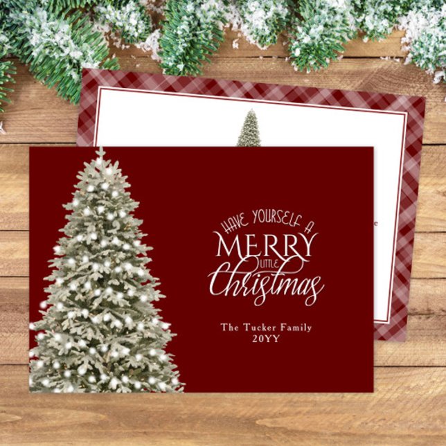 Elegant Merry Little Christmas Tree Plaid Dark Red Holiday Card (Creator Uploaded)