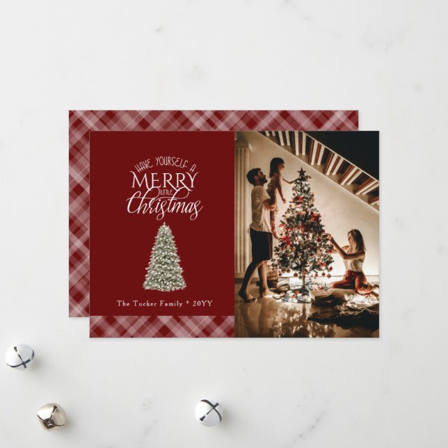 Elegant Merry Little Christmas Tree Plaid Dark Red Holiday Card (Front/Back In Situ)
