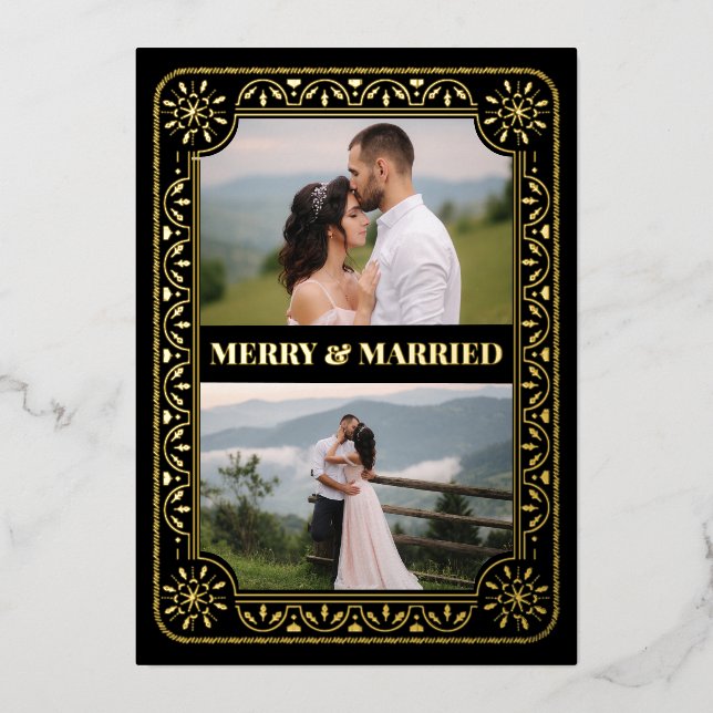 Elegant Merry & Married 2 Photo Custom Gold Foil Holiday Card (Front)