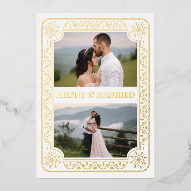 Elegant Merry & Married 2 Photo Gold Custom Foil Holiday Card (Front)