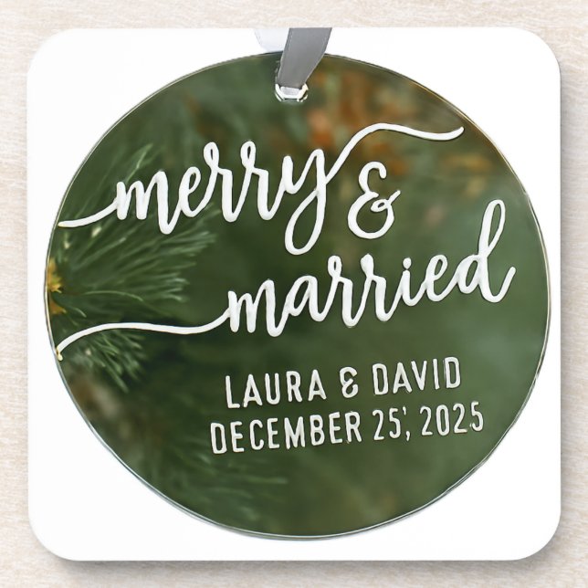 Elegant “Merry & Married” Christmas Ornament Coaster (Front)