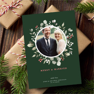 Elegant Merry & Married Greenery Wreath Photo Holiday Card