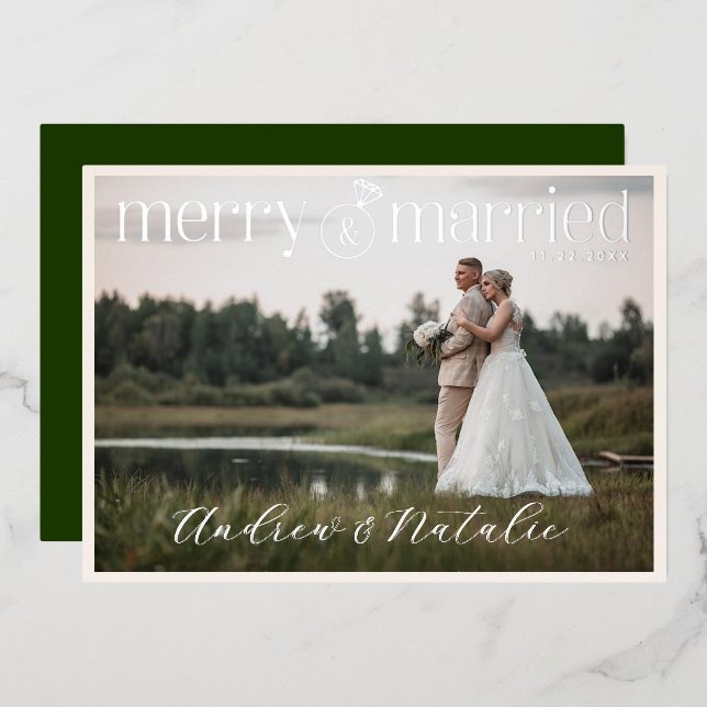 Elegant Merry & Married Photo Foil Holiday Card (Front/Back)