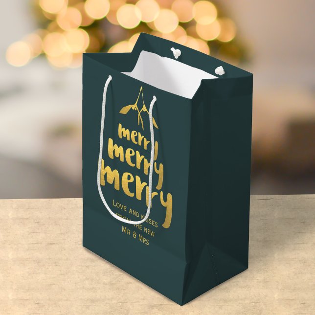 Elegant Merry Mistletoe Christmas Holiday Green Medium Gift Bag (Merry Mistletoe Gift Bag with space for your name and greeting)