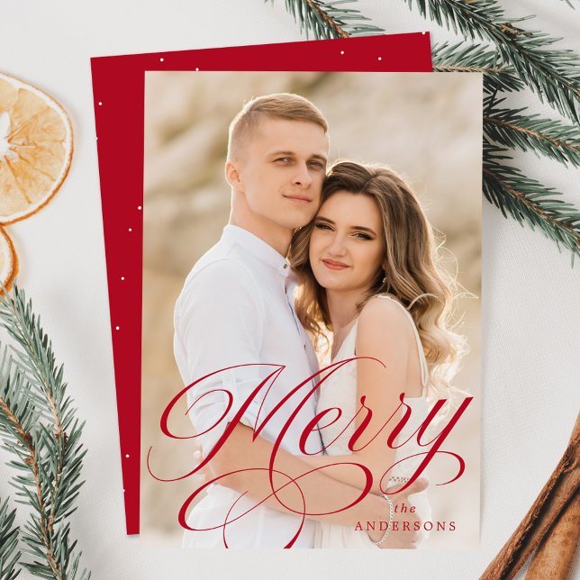 Elegant Merry Red Calligraphy Script Photo Holiday Card (Creator Uploaded)