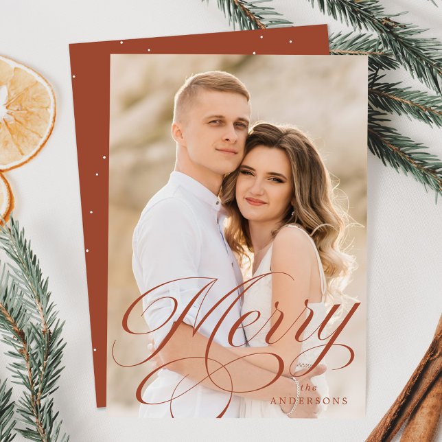 Elegant Merry Terracotta Calligraphy Script Photo Holiday Card (Creator Uploaded)