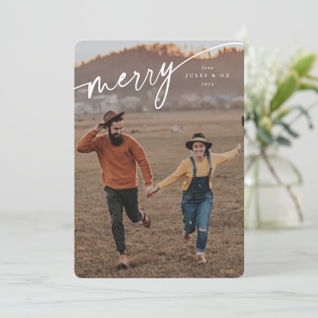 Elegant Merry White Typographic Script Holiday Card (Standing Front)