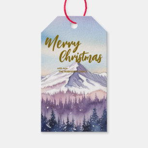 Elegant Merry xmas tree forest Gold script Holiday Gift Tags