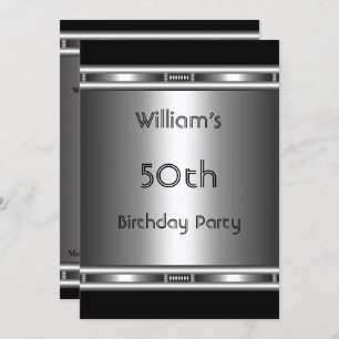 Elegant metal Look Silver Black 50th Birthday Mens Invitation