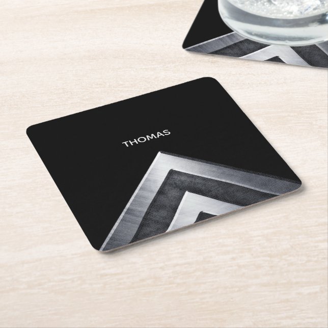 Elegant Metal Pattern Monogrammed  Square Paper Coaster (Angled)