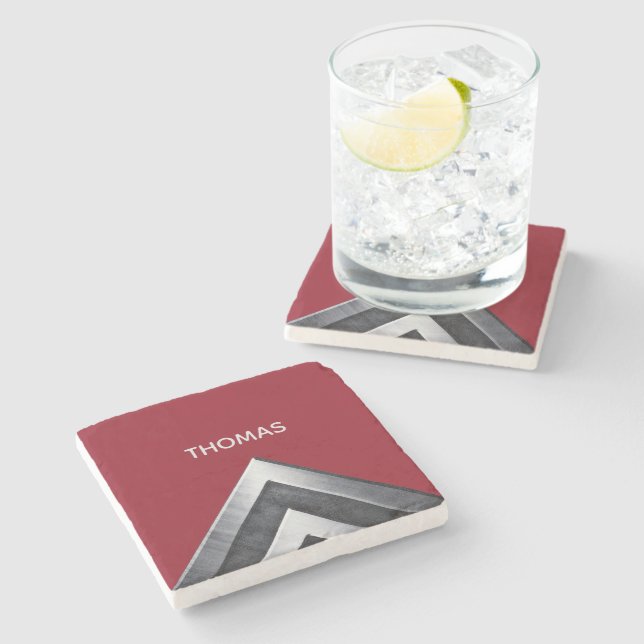Elegant Metal Pattern Monogrammed Stone Coaster (Side)