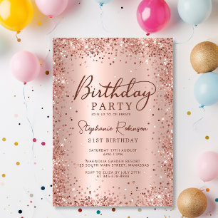 Elegant Metal Rose Gold Glitter 21st Birthday  Invitation