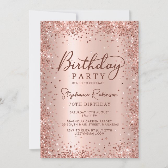Elegant Metal Rose Gold Glitter 70th Birthday  Invitation (Front)