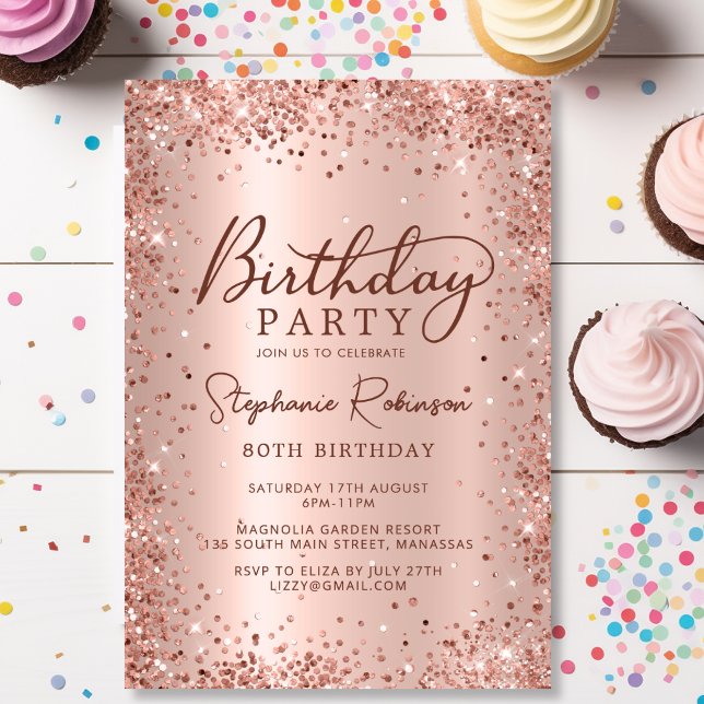 Elegant Metal Rose Gold Glitter 80th Birthday  Invitation (Creator Uploaded)