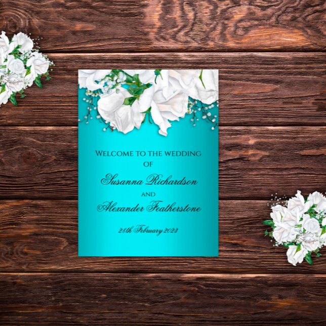 Elegant Metallic Aqua and White Roses Wedding Poster (Creator Uploaded)