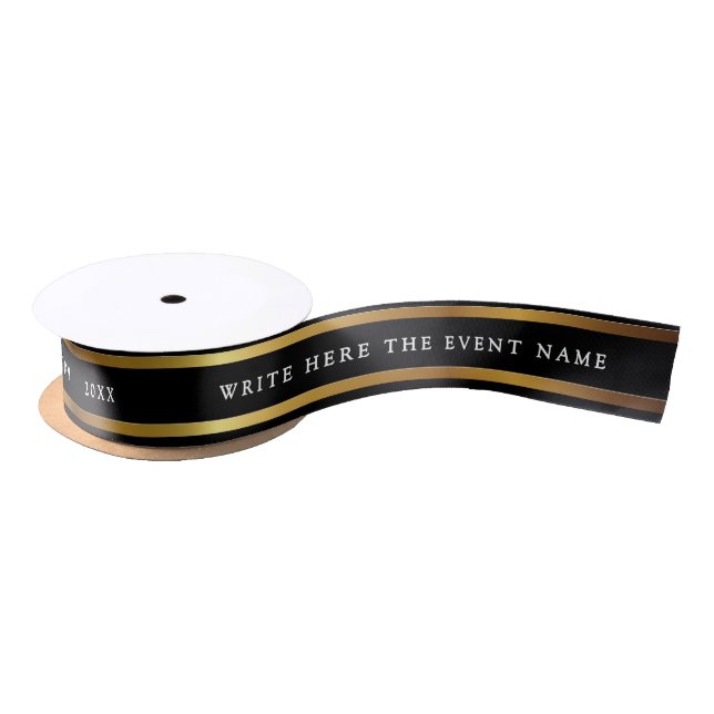 Elegant Metallic Black And Gold Shimmer White Typo Satin Ribbon (Spool)