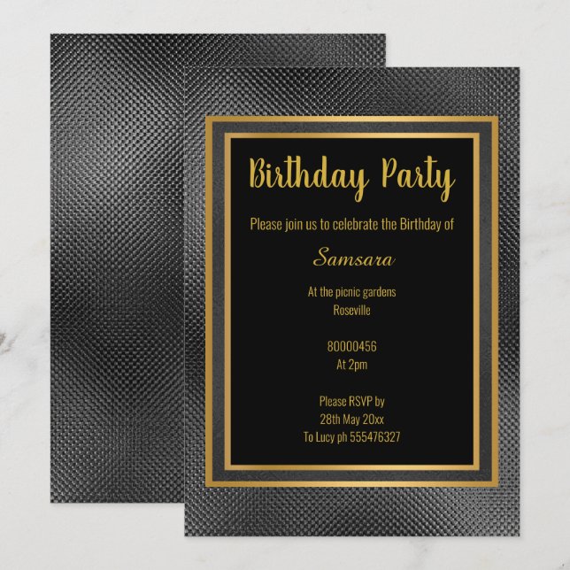 ELEGANT METALLIC BLACK & GOLD EMBOSSED BIRTHDAY 2 INVITATION (Front/Back)