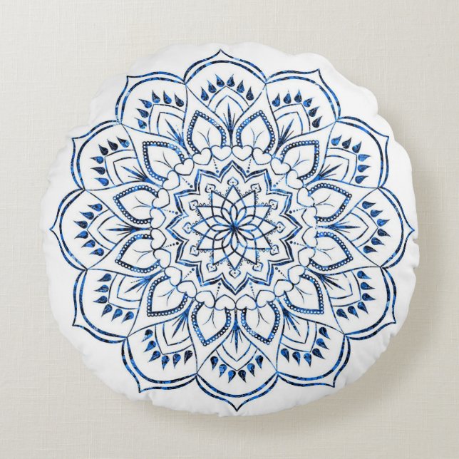 Elegant Metallic Blue Mandala Decorative Round Cushion (Front)