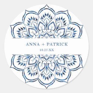 Elegant Metallic Blue Mandala Personalised Classic Round Sticker