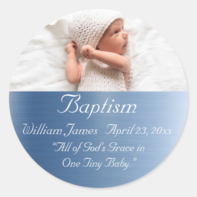 Elegant Metallic Blue Name Baby Boy Baptism Classic Round Sticker (Front)
