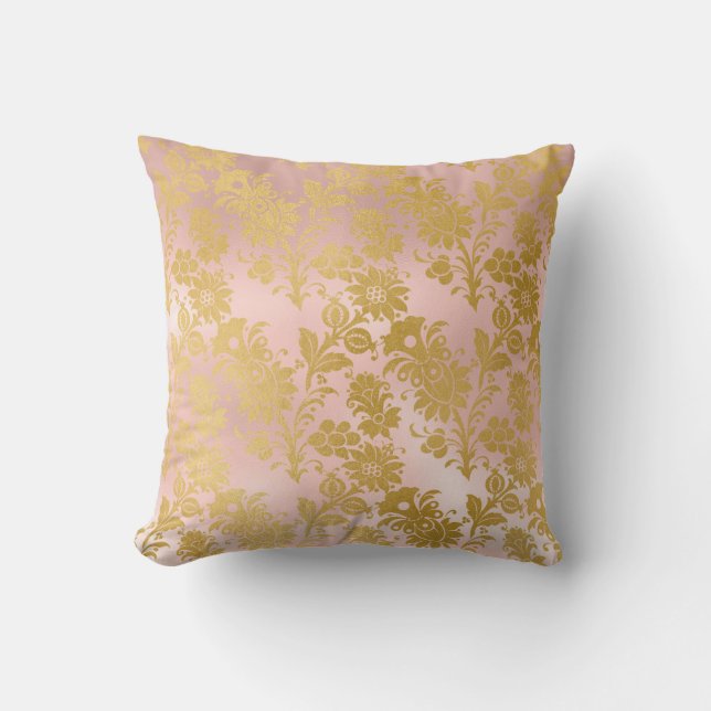 Elegant Metallic Blush Pink and Gold Floral Cushion (Front)