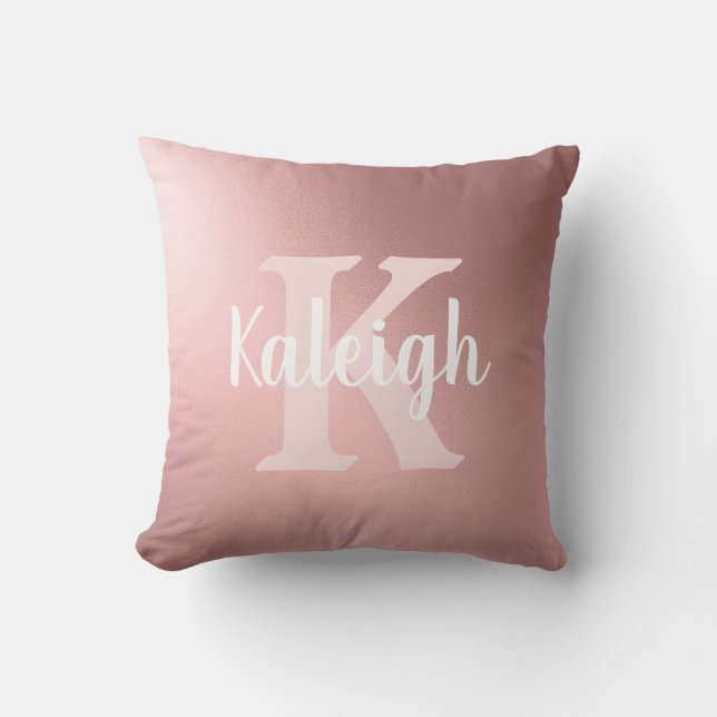 Elegant Metallic Blush Pink White Monogram Name Cushion (Front)