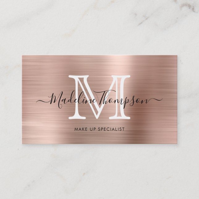 Elegant Metallic Brushed Rose Gold Monogram Business Card (Front)