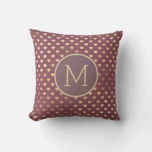 Elegant Metallic Burgundy Brown Gold Hearts Cushion