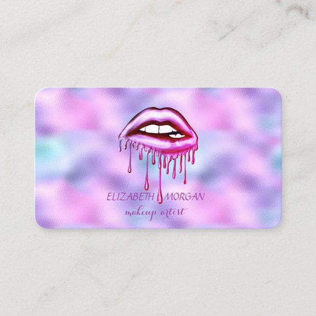 Elegant Metallic Dripping Lips,Makeup,Holographic  Business Card (Front)