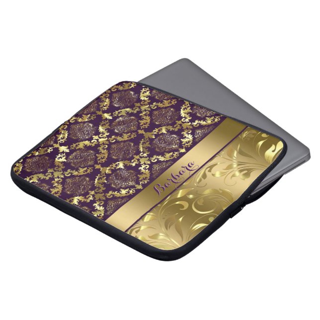Elegant Metallic Gold And Purple Damasks And Lace Laptop Sleeve (Front Top)