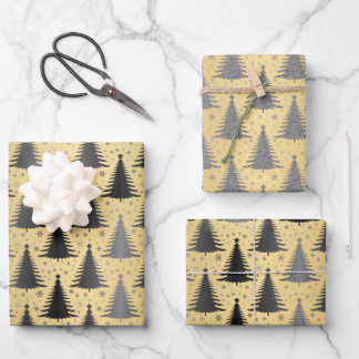 Elegant Metallic Gold Black Christmas Tree Pattern Wrapping Paper Sheet