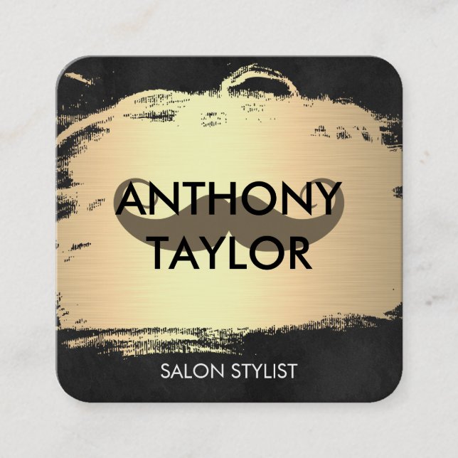 Elegant Metallic Gold Brushed with Moustache Square Business Card (Front)