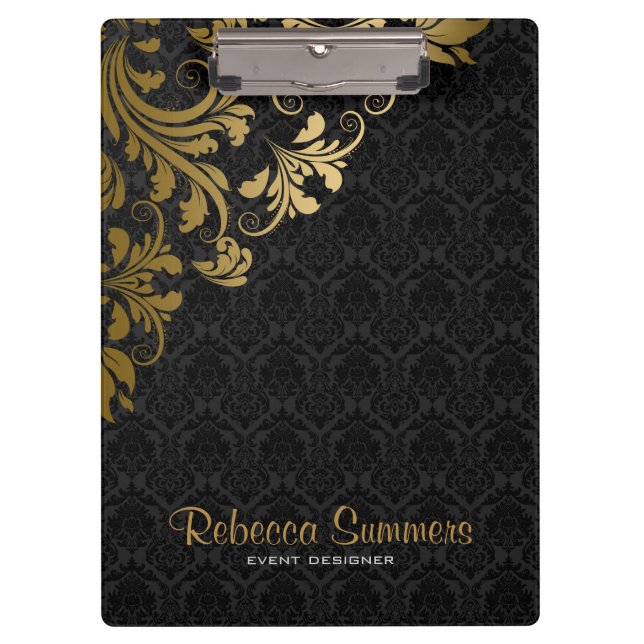 Elegant Metallic Gold Lace Black Damasks Clipboard (Front)