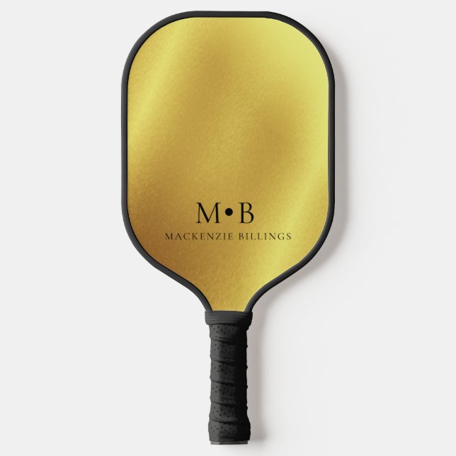 Elegant Metallic Gold Simple Monogram Name Pickleball Paddle (Front)