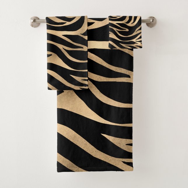 Elegant Metallic Gold Zebra Black Animal Print Bath Towel Set (Insitu)