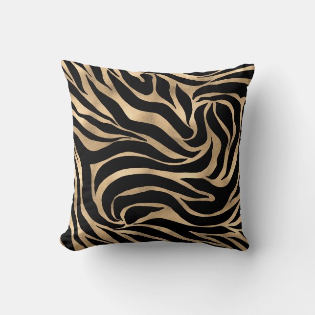 Elegant Metallic Gold Zebra Black Animal Print Cushion (Front)