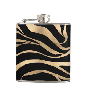 Elegant Metallic Gold Zebra Black Animal Print Hip Flask