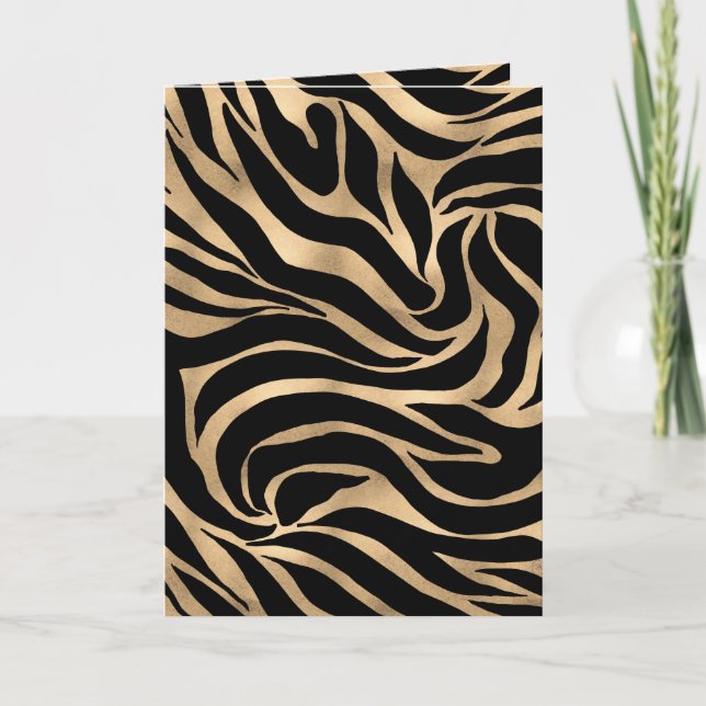 Elegant Metallic Gold Zebra Black Animal Print Holiday Card (Front)