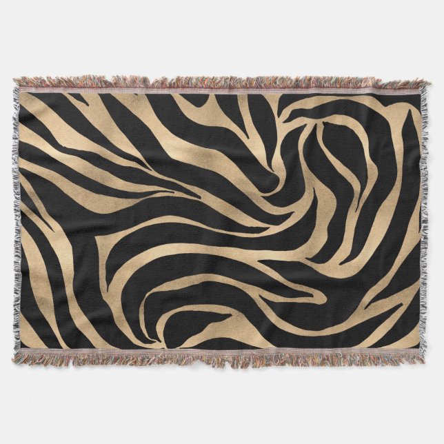 Elegant Metallic Gold Zebra Black Animal Print Throw Blanket (Front)