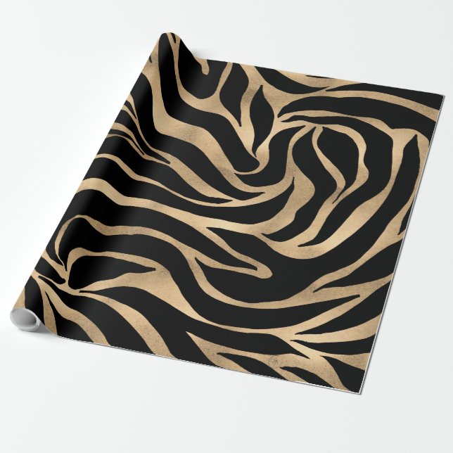 Elegant Metallic Gold Zebra Black Animal Print Wrapping Paper (Unrolled)
