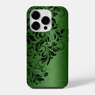 Elegant Metallic Green & Black Floral Lace iPhone 14 Pro Case