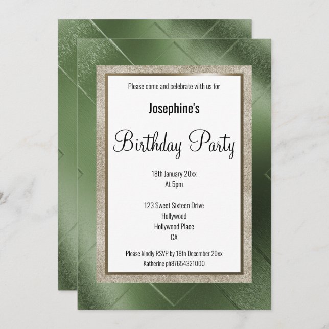 ELEGANT METALLIC GREEN BRONZE PATTERN BIRTHDAY 2 INVITATION (Front/Back)