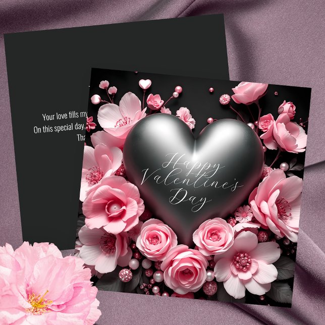 Elegant Metallic Heart & Pink Flowers Valentine's  Card (Creator Uploaded)