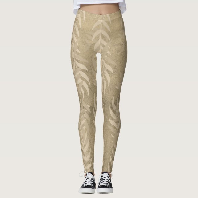 Elegant Metallic Light Brown Leaf Pattern – Nature Leggings (Front)