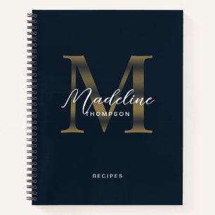 Elegant Metallic Navy Blue Gold Monogram Recipe Notebook
