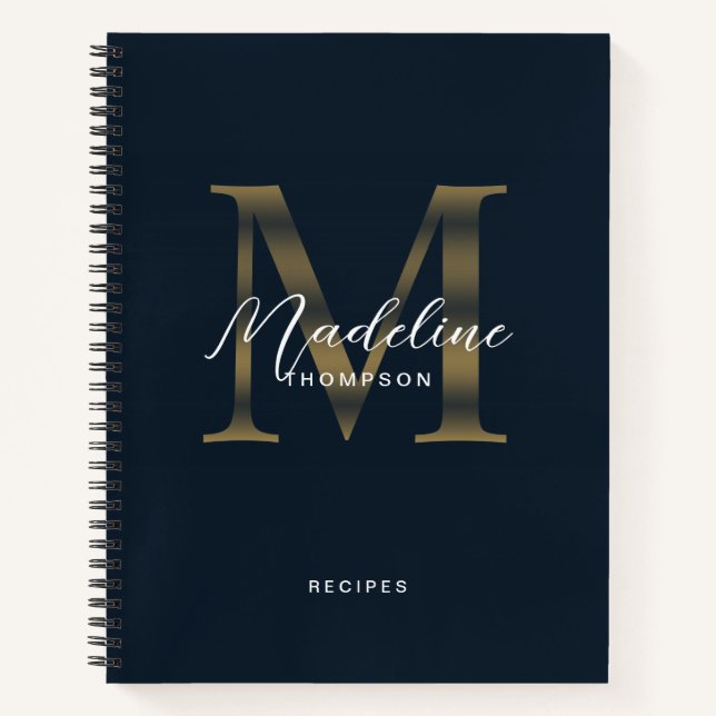 Elegant Metallic Navy Blue Gold Monogram Recipe Notebook (Front)