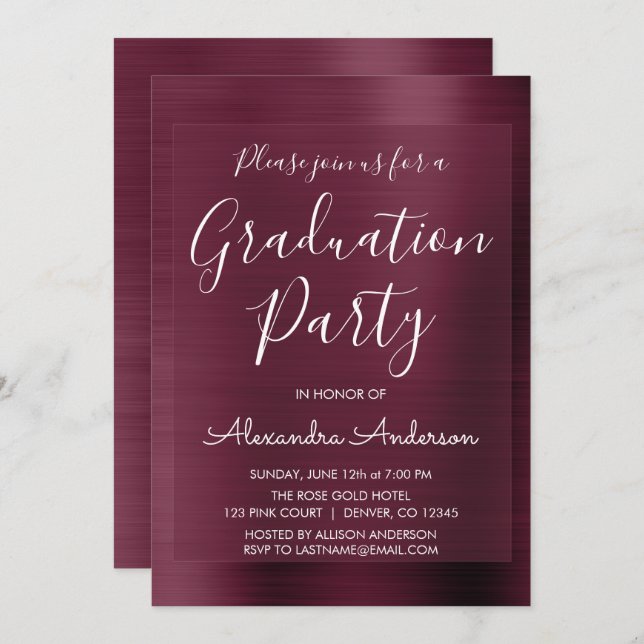 Elegant Metallic Purple Burgundy Graduation Party Invitation (Front/Back)