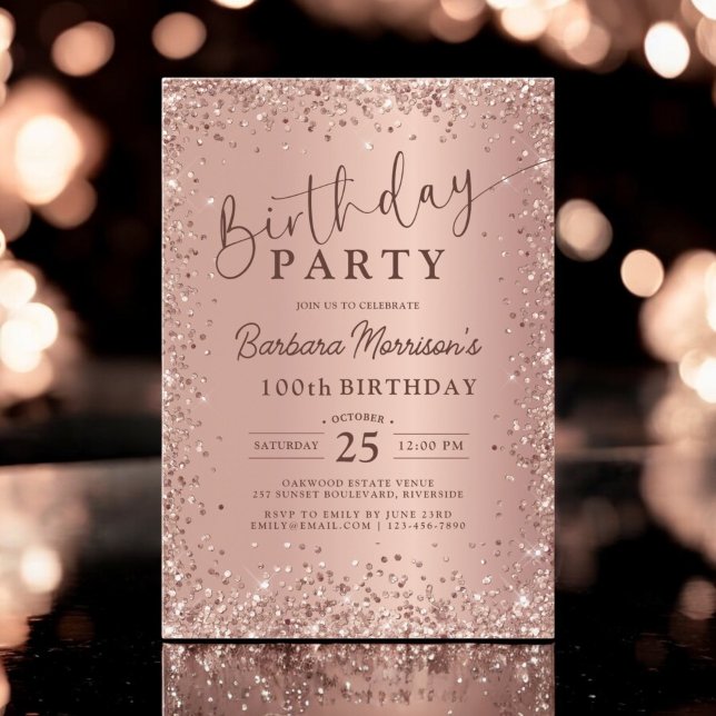Elegant Metallic Rose Gold Glitter 100th Birthday  Invitation (Creator Uploaded)