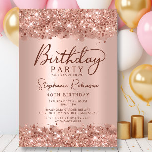 Elegant Metallic Rose Gold Glitter 40th Birthday Invitation